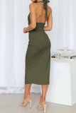 Halter Backless Ruched High Split Midi Dress