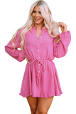 Rose Textured Buttons Long Sleeves Shirt Short Dress with Rope Tie