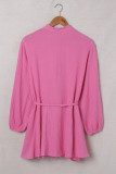 Rose Textured Buttons Long Sleeves Shirt Short Dress with Rope Tie
