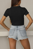 Turn Down Collar Button Knit Crop Top