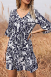 Half Sleeves V Neck Leaf Printing Splicing Dress