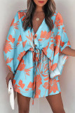 Sky Blue Geometric Print Button Drawstring Batwing Sleeve Dress