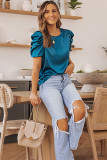 Blue Ruched Puff Short Sleeve Satin Blouse