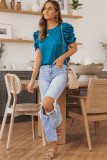 Blue Ruched Puff Short Sleeve Satin Blouse