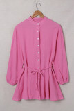 Rose Textured Buttons Long Sleeves Shirt Short Dress with Rope Tie