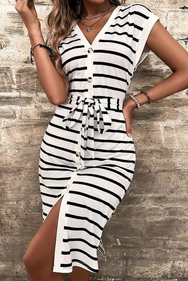Striped Button Slit Tie V-Neck Midi Dress