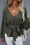 Green V Neck Bubble Sleeve Belted Peplum Blouse