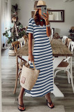 Blue Stripe Print V Neck Maxi Dress with Side Splits