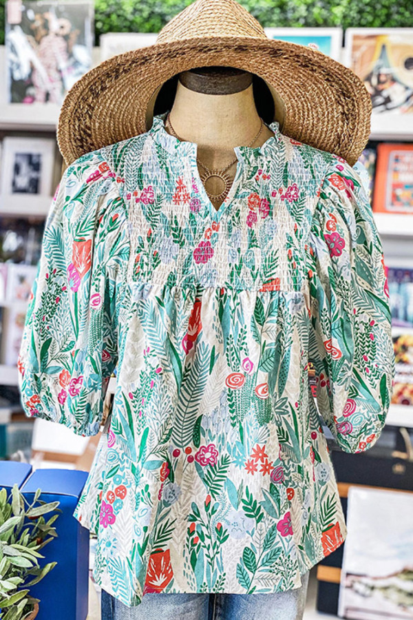 Textured V Neck Smocked Puffy Sleeves Blouse Top