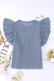 Sky Blue Ribbed Knit Ruffled Short Sleeve T Shirt