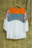 V Neck Bohemian Print Splicing Swiss Dot Blouse Top