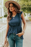 Blue Ruched Flounce V Neck Sleeveless Peplum Top