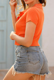 Orange Turndown Collar Button Knitting Crop Top