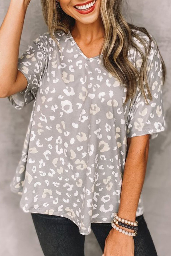 Gray Leopard Spots Print Loose T Shirt