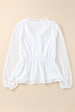 White Swiss Dot Buttoned Drawstring Peplum Blouse