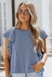 Sky Blue Ribbed Knit Ruffled Short Sleeve T Shirt