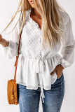 White Swiss Dot Buttoned Drawstring Peplum Blouse