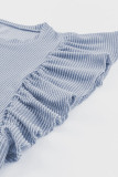 Sky Blue Ribbed Knit Ruffled Short Sleeve T Shirt