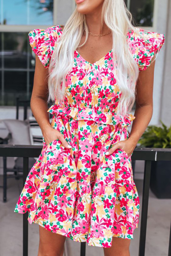 Multicolor Smocked Bodice Ruffle Trim Floral Dress