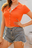 Orange Turndown Collar Button Knitting Crop Top