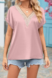 V Neck Lace Edge Fold Cuff Silky Top