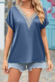V Neck Lace Edge Fold Cuff Silky Top