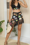 Irregular Tassle Hem Crochet Flowers 2PCS Bikini Set