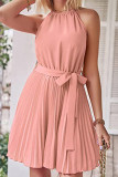 Plain Sleeveless Halter Pleated Dress