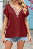 V Neck Lace Edge Fold Cuff Silky Top