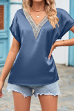 V Neck Lace Edge Fold Cuff Silky Top