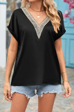 V Neck Lace Edge Fold Cuff Silky Top