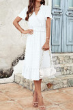 Plain Jacquard Spot V Neck Frilled Midi Dress