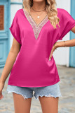 V Neck Lace Edge Fold Cuff Silky Top
