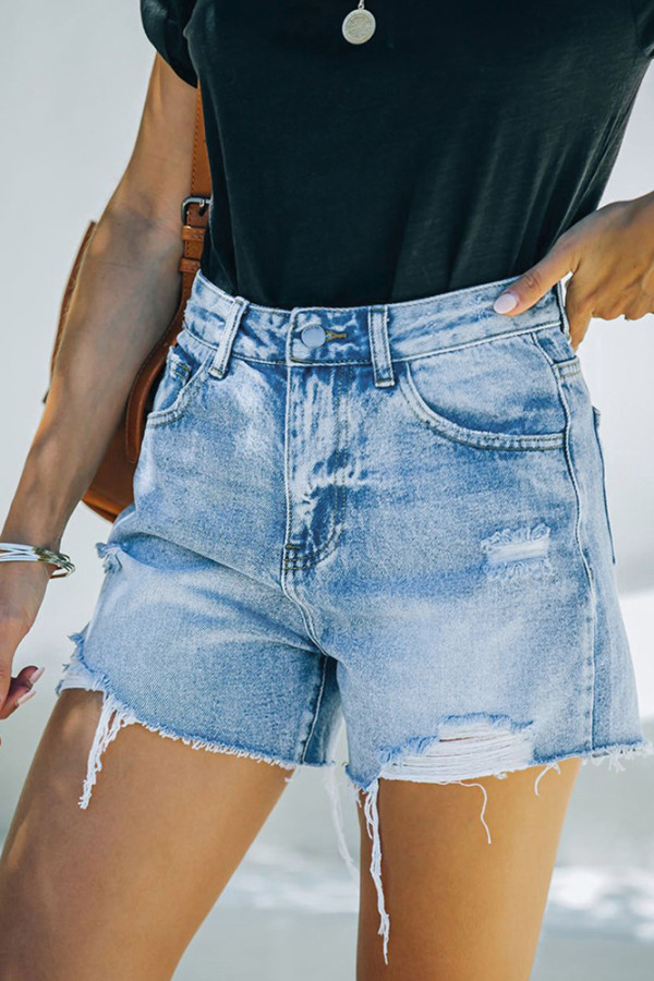 Sky Blue High Waist Distressed Washed Denim Shorts