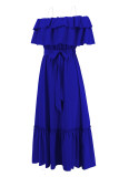 Plain Off Shoulder Ruffles Maxi Dress With Sash
