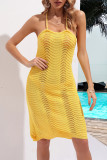 Plain Knit Halter Out Backless Cover Up Beach Dress