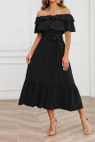 Plain Off Shoulder Ruffles Maxi Dress With Sash