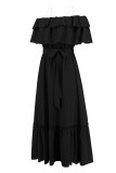 Plain Off Shoulder Ruffles Maxi Dress With Sash