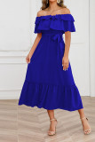 Plain Off Shoulder Ruffles Maxi Dress With Sash