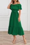 Plain Off Shoulder Ruffles Maxi Dress With Sash
