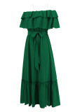 Plain Off Shoulder Ruffles Maxi Dress With Sash