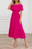 Plain Off Shoulder Ruffles Maxi Dress With Sash