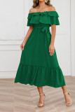 Plain Off Shoulder Ruffles Maxi Dress With Sash