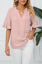 Plain V Neck Ruffles Flare Sleeves Top