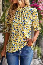 Yellow Boho Floral Ruffle Short Sleeve Frill Mock Neck Blouse