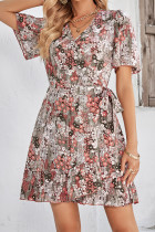 Wrap V Neck Side Sash Vintage Floral Dress