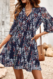 V Neck Buttoned Down High Waist Floral Dress
