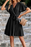 Plain V Neck Flare Sleeves Pleated Dress