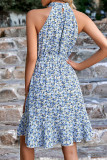 Twisted High Collar Hollow Out Sleeveless Floral Dress