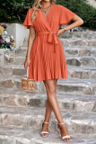 Plain V Neck Flare Sleeves Pleated Dress